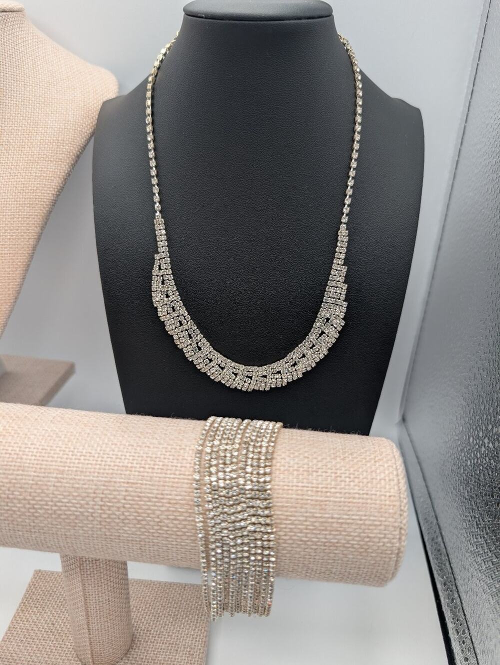 ICING Silver Tone Rhinestone Necklace & Bracelet Jewelry Set Formal Wedding Prom